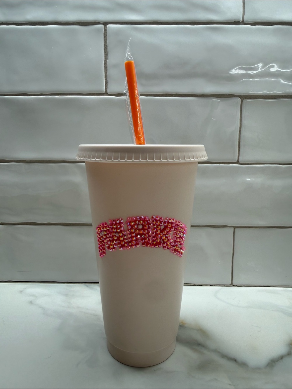 Custom Rhinestone Parke x Dunkin Travel Cup with Orange Straw NWT